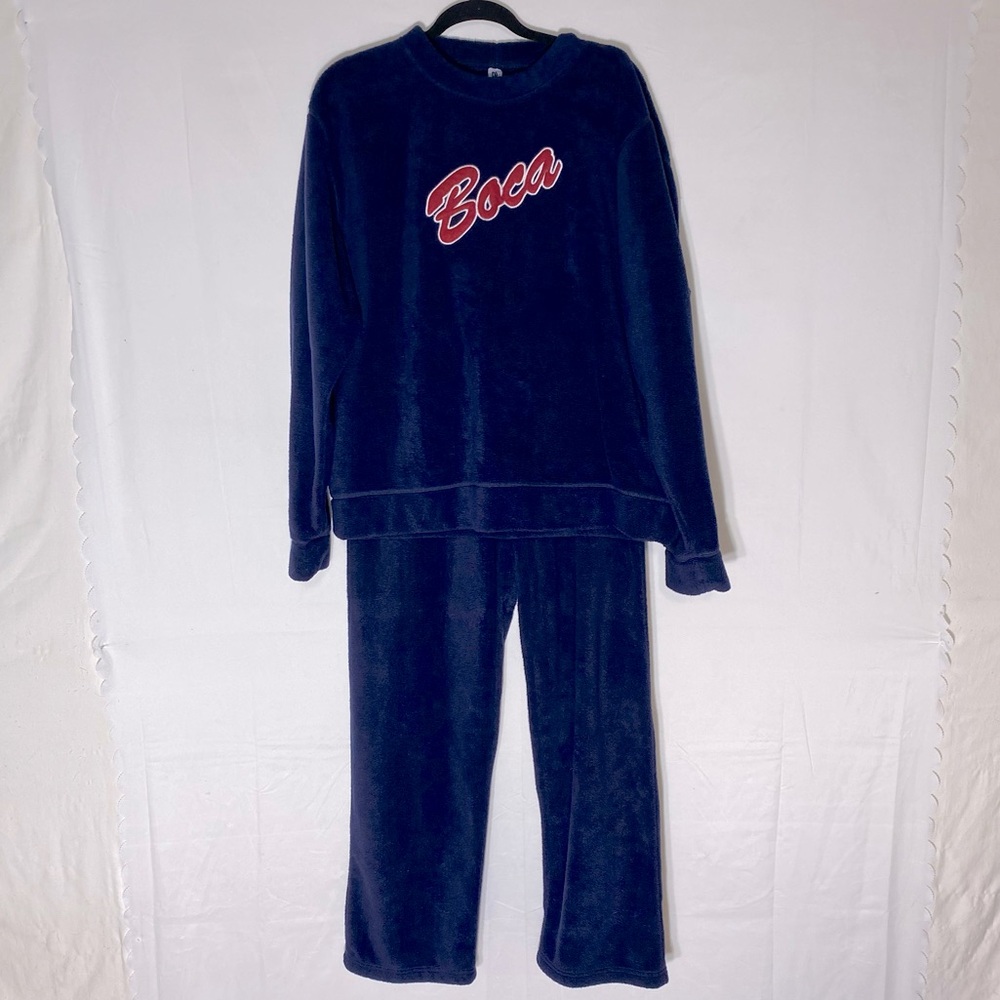 Vintage Boca Navy Blue Fleece Loungewear Set Sweatshirt & Pants L/XL Cabincore